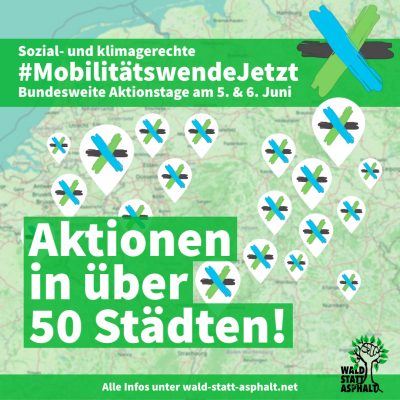 Karte von Deutschland mit Punkten und dem Text "Aktionen in über 50 Städten!"